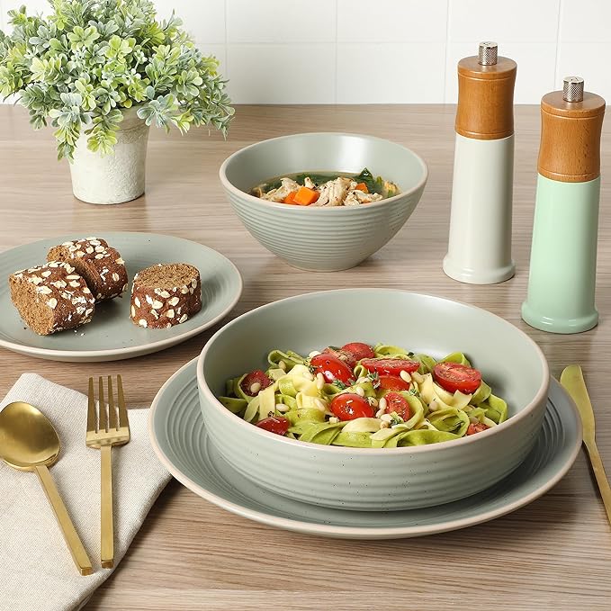 Gibson Home Dinah Double Bowl Stoneware Embossed Speckled Dinnerware Set - Sage Green, Service for Four (16pcs)