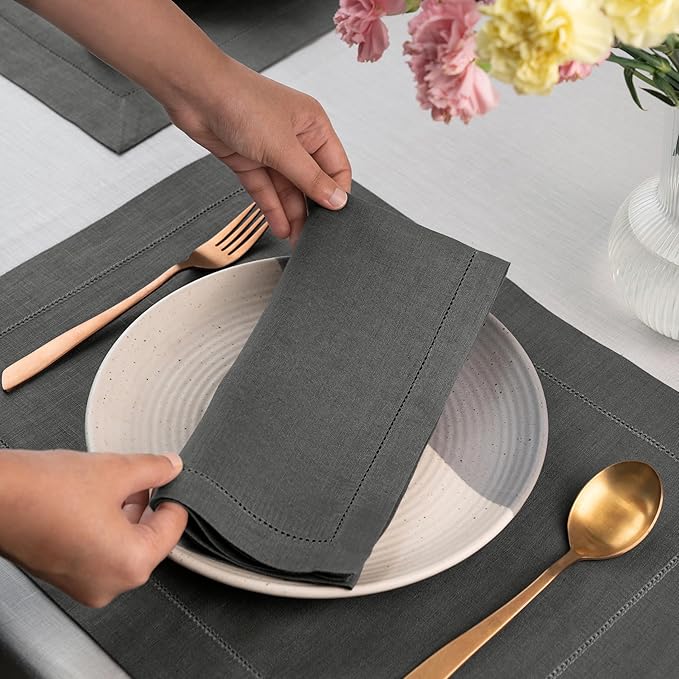 D'Moksha Homes Charcoal Grey Linen Napkins Set of 8 - Classic Hemstitch 100% Pure Linen Hemstitch Dinner Napkins 20 x 20 Inch for Spring, Easter - Handcrafted and Machine Washable