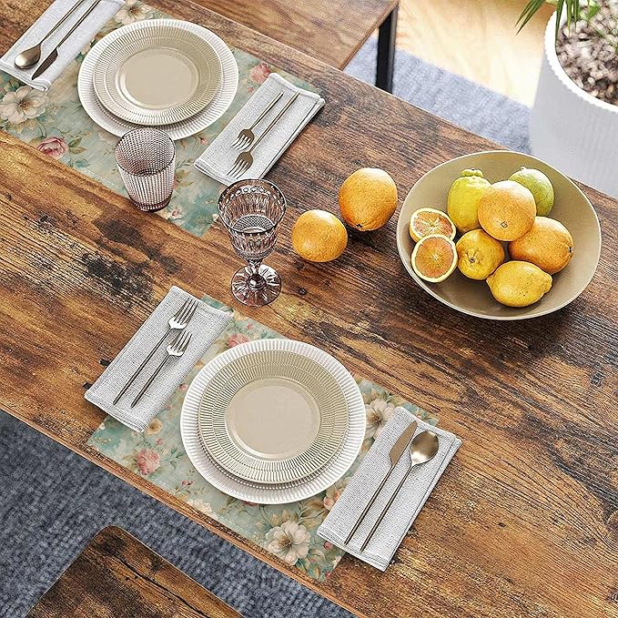 Pink Flowers Leaves Placemats Set of 6, Linen Washable for Christmas, Thanksgiving, Party, and Daily Dining, Decorative Table Mats for 4-6 Person Table