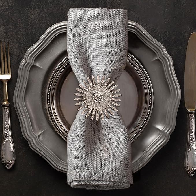 Decozen Set of 4 Silver Napkin Rings in Elegant Stone, Festive, Table Decor Setting for Holiday, Wedding, Birthday, Kitchen, Home Decor, Housewarming Gift - Mothers Day Decorations