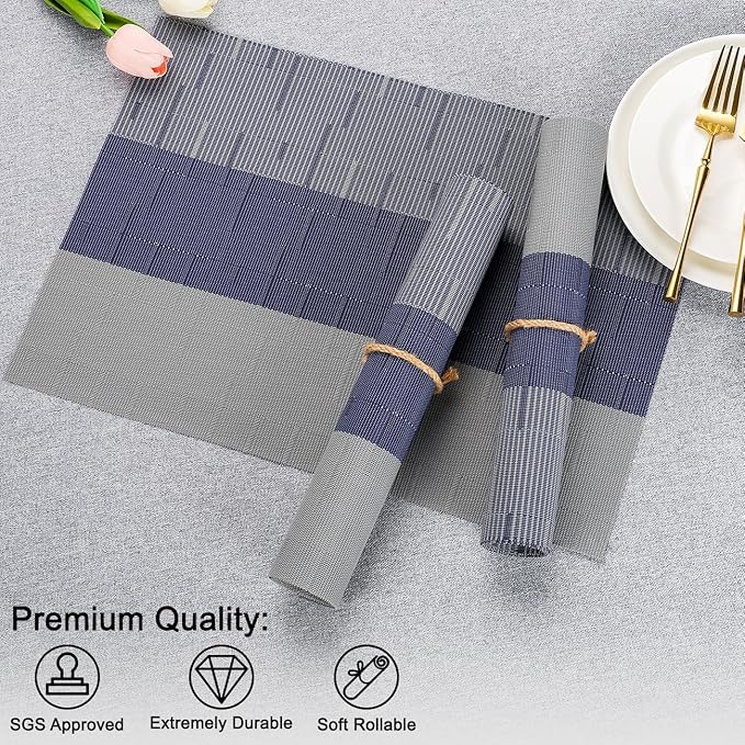Placemats Set of 4, Vinyl Woven Place Mats Indoor Set of 4 Washable Wipeable PVC Table Mats Heat-Resistant Non Slip Plastic Placemat for Kitchen Dining Outdoor Table (Blue Gray, Set of 4)