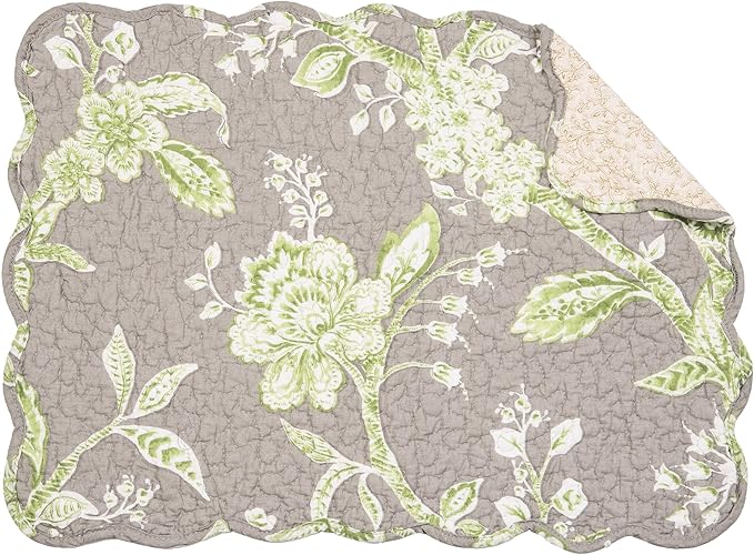 C&F Home Julia Reversible Scalloped Quilted Vintage Floral Flower Themed Jacobean Dining Tabletop Placemats Set of 6 All Seasons Spring Summer Home Kitchen Dinner Table Décor Decoration S/6 Grey &