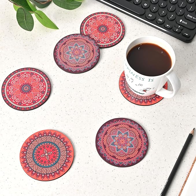 Coaster Set of 6 Fine Mandala Art Wooden Coasters with Proper Coaster Stand Set Fit for Tea Cups, Coffee Mugs and Glasses (3.5 X 3.5 Inch, Fine Mandala Design) Rangoli
