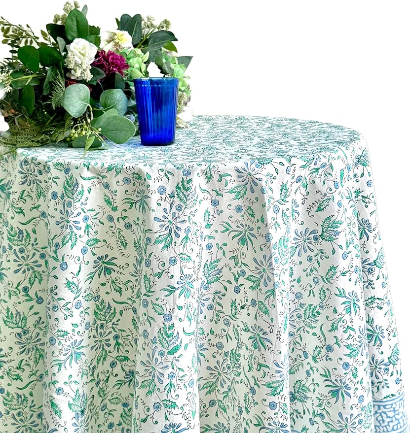 ATOSII Aster Blue 100% Cotton Round Tablecloth, Handblock Print Floral Table Cloth for Kitchen Dining Linen I Parties, Weddings, Outdoors, Easter, Spring Summer Decor I 72" Inches Round