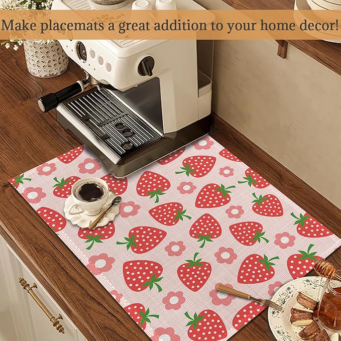 Placemats Set of 6,Strawberry Fruit Linen Place Mats,Modern Washable Strawberries Pink Table Placemats 12"x18" Heat Resistant Table Mats for Dining Kitchen Party Holiday Decoration