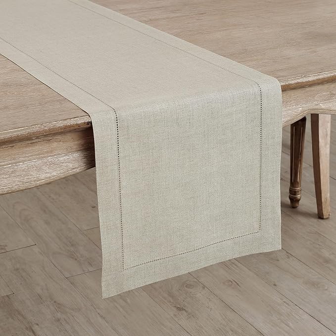 Solino Home Linen Natural Table Runner 48 Inches - Classic Hemstitch, 100% Pure Linen Coffee Table Runner 14 x 48 Inch Ideal for Dresser Tables - Spring, Easter