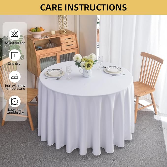 6-Pack Round 108-inch White Table Cloths, Solid Stain and Wrinkle Resistant Circular Tablecloth, Premium Plain Weave Polyester Fabric Table Linen Covers for Hotel, Banquet