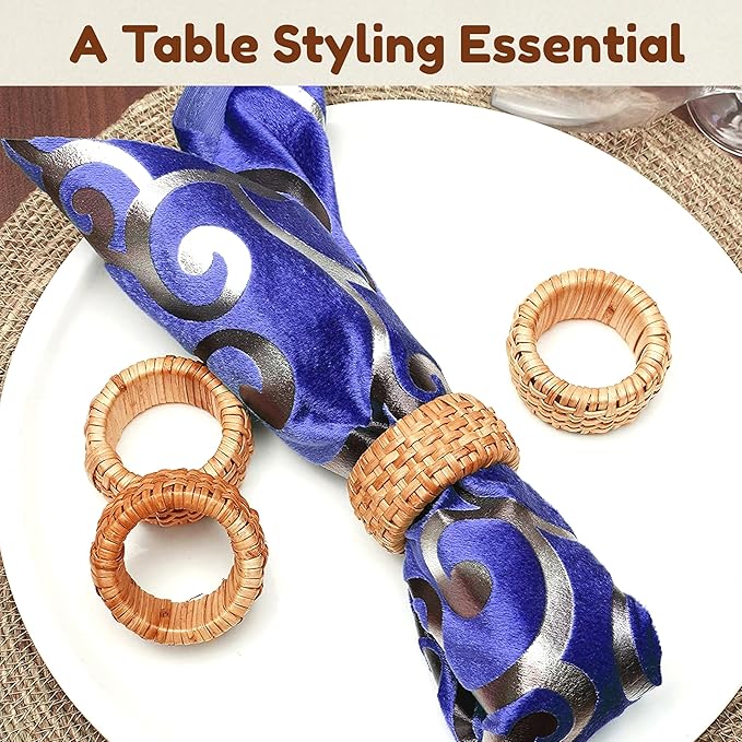 CLEENTABLE Rustic Napkin Rings Set of 12 - Elegant Round Cane Napkin Rings, Easy to Clean, Durable Versatile for Table Settings, Special Occasion, Easter Table Decor & Gift Giving Ideas (Natural)