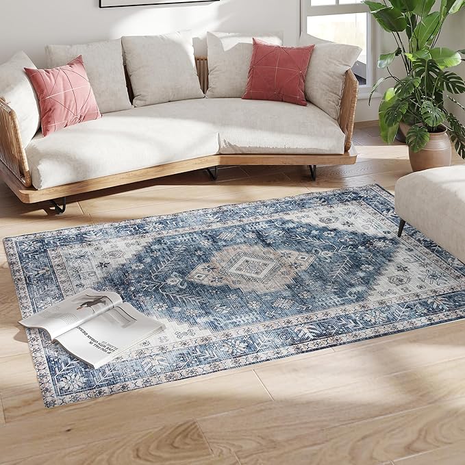 HOMCOM Washable Area Rug, 4'x6' Vintage Indoor Distressed Carpet, Retro Floor Cover Foldable, Floral Print Mat for Living Room, Bedroom, Dining Room, Blue