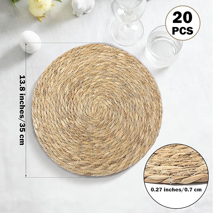 Elcoho 20 Pieces Round Woven Placemats 13.8 Inch Boho Rattan Placemats Farmhouse Braided Place Mats Woven Plate Chargers Rustic Wicker Table Mats for Dining Table