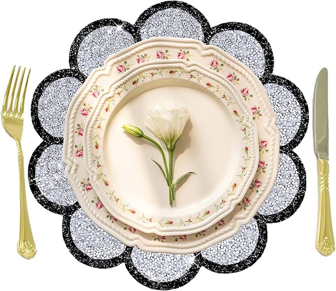 Washable Waterproof Diamond Circle Placemats for Round Tablescape Decor for Dinner and Kitchen Bling Placemats for Weddings & Special Events (Silver and Black)