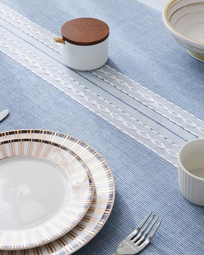 ZeeMart Contrast Linen Table Cloth Rectangle Table Cloths 52x70 Inch Mid-Stripe Blue, Farmhouse Style Heavy Weight Dusty Blue Tablecloth, Water Resistant Burlap Tablecloths