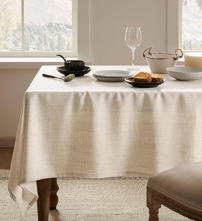 Linen Tablecloth for Rectangle Table 52x52 Inch Light Tan, Farmhouse Style Beige Tablecloth, Water Resistant Burlap Tablecloths for Dining Table Farmhouse Kitchen