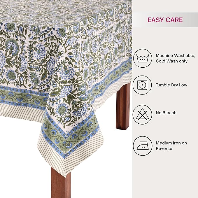 ATOSII Clover Blue 100% Cotton Square Fall Tablecloth, Handblock Floral Linen Table Cloth for Kitchen Dining Table I Parties Christmas Thanksgiving I Fall Home Decor 60 X 60 Inches I 4 Seater