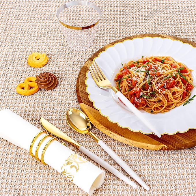 Ciaell 175 PCS White Scalloped Plastic Plates with Gold Trim - Gold Plastic Silverware with Handle - Fancy High-End Dinnerware Sets for Wedding & Party(25 Guests)