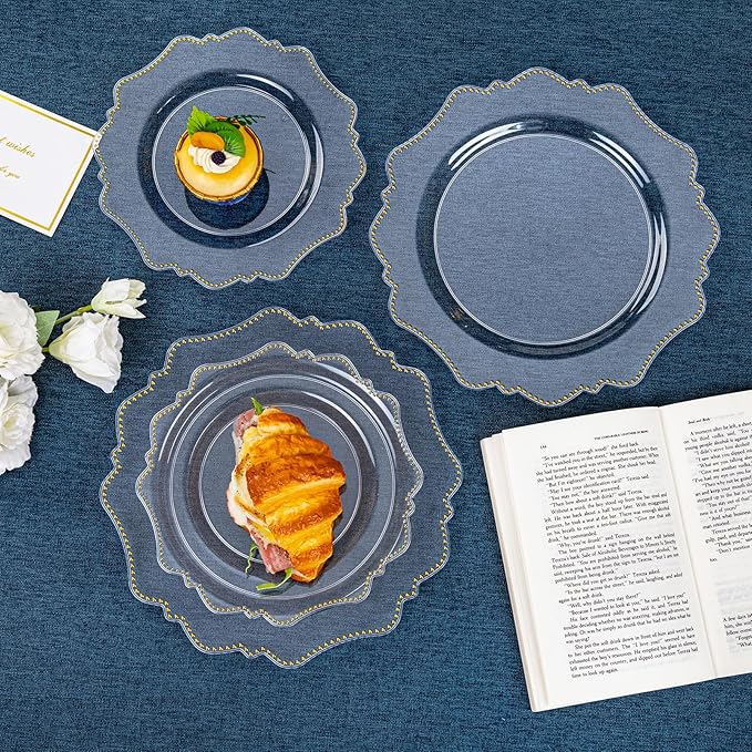 COLOSUS 100pcs Clear and Gold Plastic Plates Disposable Heavy duty Plastic Party Plates set Include 50 dinner plate and 50 dessert/salad plate for party/wedding