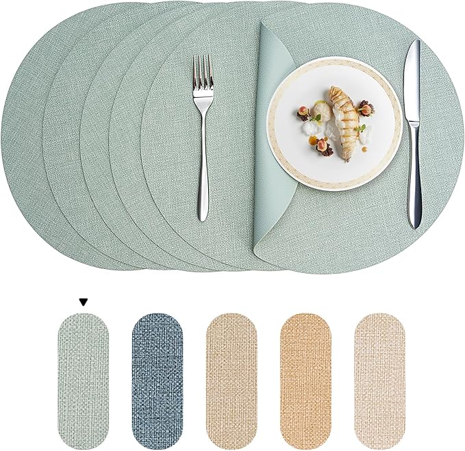 Round Wipeable Placemats Set of 6 – Faux Leather Round Table Mats, Waterproof & Washable Vinyl Placemats, Circle Design for Dining Table Decor– Sage Green