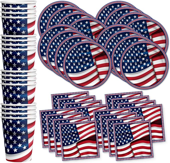 Fourth of July Paper Plates - 4th of July Disposable Plate Sets - American Flag Patriotic Party Supplies Set Plates Napkins Cups Tableware Kit for 16