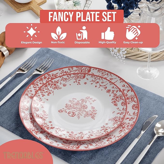 Trendables Disposable Plates For Party Supplies | Pink Floral Plastic Plates For Wedding 80 Pcs - 40 X 8 & 40 X 10 Dinner Plate Sets | Floral Plate Set Disposable Plastic Dinnerware Sets