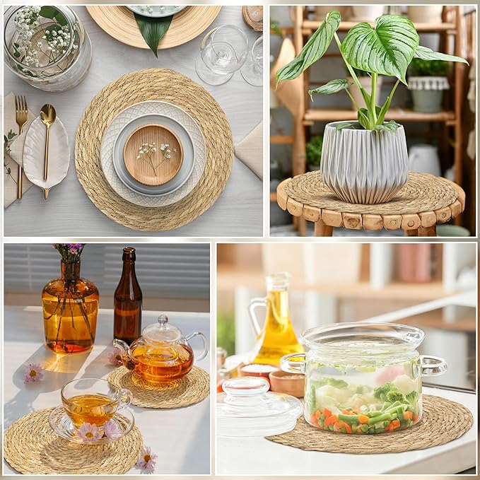 Elcoho 40 Pieces Round Woven Placemats 12 Inch Boho Rattan Placemats Farmhouse Braided Place Mats Woven Plate Chargers Rustic Wicker Table Mats for Dining Table