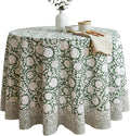 ATOSII Shalimar Green 100% Cotton Round Boho Fall Tablecloth, Handblock Floral Table Cloth Linen for Kitchen Dining I Parties Wedding Outdoors Christmas Thanksgiving I Fall Home Decor 90" Inches Round
