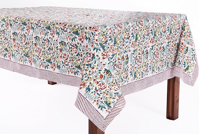 ATOSII Ambrosia Green 100% Cotton Square Fall Tablecloth, Handblock Floral Print Linen Table Cloth for Kitchen Dining I Weddings, Outdoors, Christmas, Thanksgiving Fall Decor 60 X 60 Inches I 4 Seater