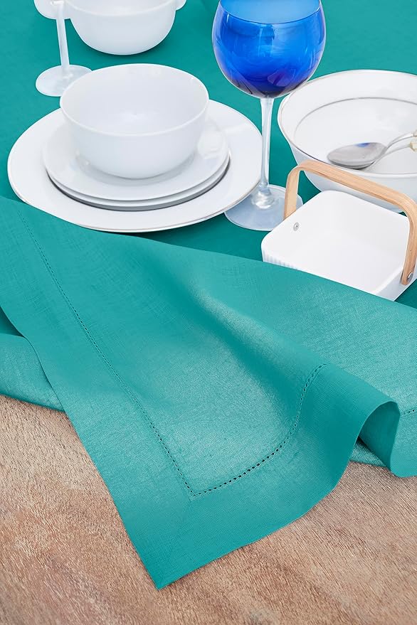 Solino Home Teal Linen Tablecloth 60 x 108 Inch - Classic Hemstitch, 100% Pure Linen Rectangular Tablecloth - Machine Washable Table Cloth