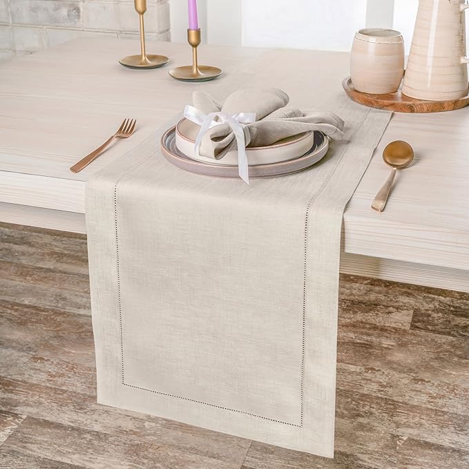 D'Moksha Homes Linen Light Natural Table Runner 90 Inches Long - Classic Hemstitch 100% Pure Linen Dining Table Runner 14 x 90 Inch for Valentines, Spring, Easter