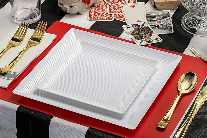 Exquisite Disposable-White-Plastic-Plates-Square Linear (40 Pack) Wedding Dinner Fancy Tableware Dishes (7.5 Inch., White) Single Size Set