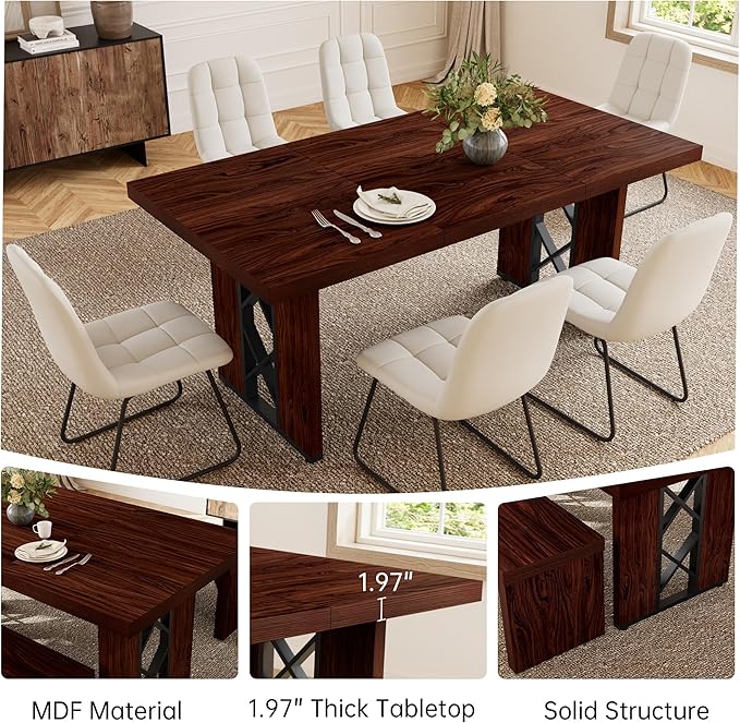 7-Piece Dining Table Set for 6 People, 70.8" MDF Kitchen Table with 6 Upholstered Chairs, Space-Saving for Dining Room, Breakfast Nook(Walnut Table+6 White Chairs