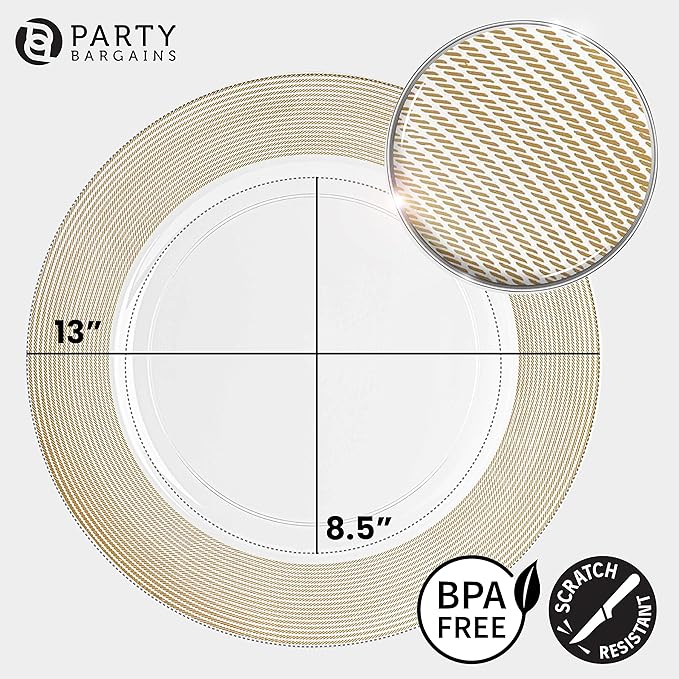 PARTY BARGAINS 13-Inch Charger Plates - 48 Pack, Clear Gold Rope Textured Rim, Heavy-Duty Disposable Chargers for Elegant Dining - Ideal for Weddings and Formal Events