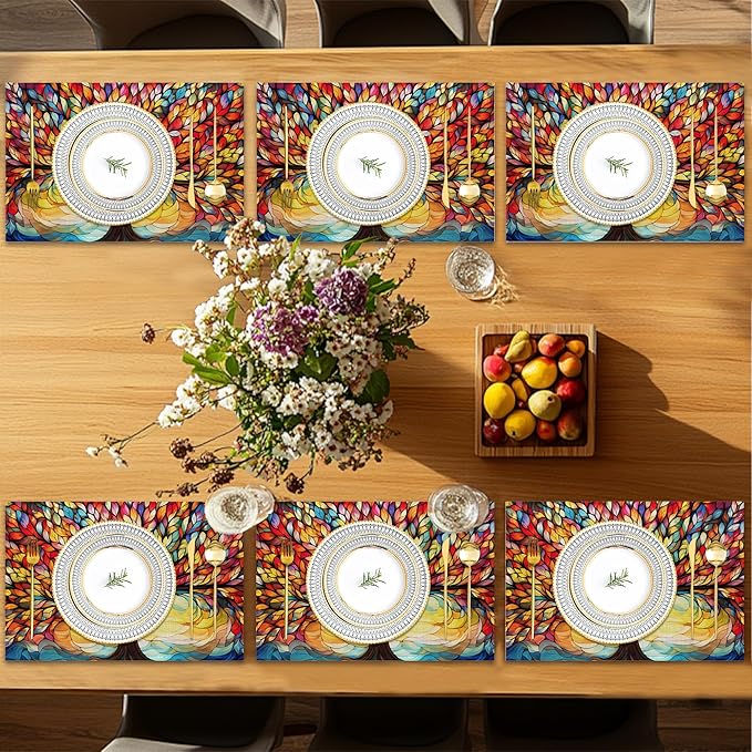 6 Pcs Placemats,Colorful Tree Placemat,Abstract Table Mats Washable Recyclable Table Placemats for Indoor Outdoor Heat Resistant Kitchen Dining 12"x18"