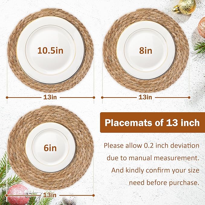 GENMOUS Woven Placemats Set of 10, 13" Round Placemats Natural Water Hyacinth Boho Placemats,Farmhouse Rattan Chargers for Dinner Plates,Rustic Braided Wicker Table Mats for Thanksgiving,Home,Wedding
