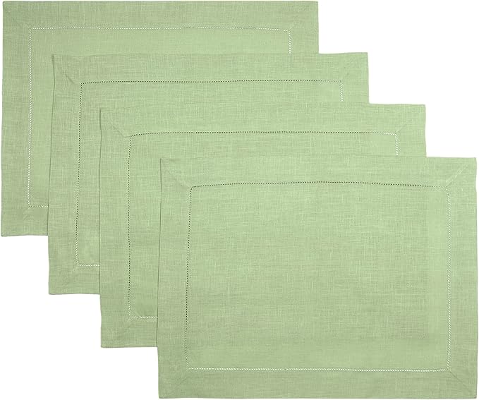 D'Moksha Homes Sage Green Linen Cloth Placemats Set of 4-100% Pure Linen Hemstitch Placemats 14 x 19 Inch - Classic Hemstitch Table Place Mats for St Patricks Day, Easter - Machine Washable