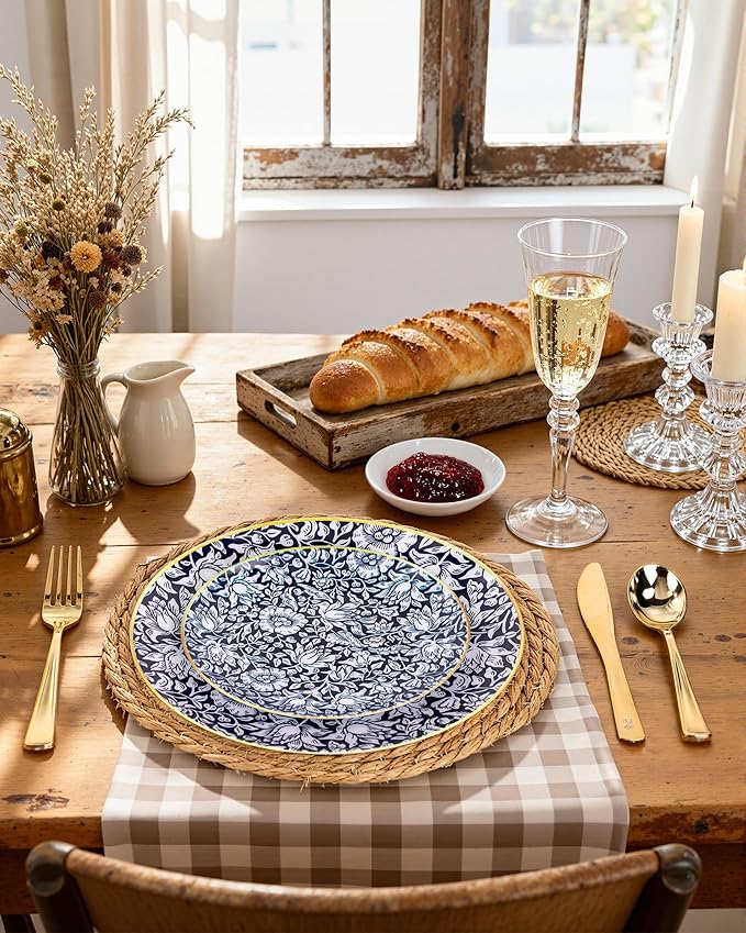 Hioasis 60pcs Plastic Disposable Plates Set - Blue & White Floral Pattern with Gold Rim, 10.25 Dinner & 7.5 Dessert Plates for Wedding,Anniversary,Party and Holiday