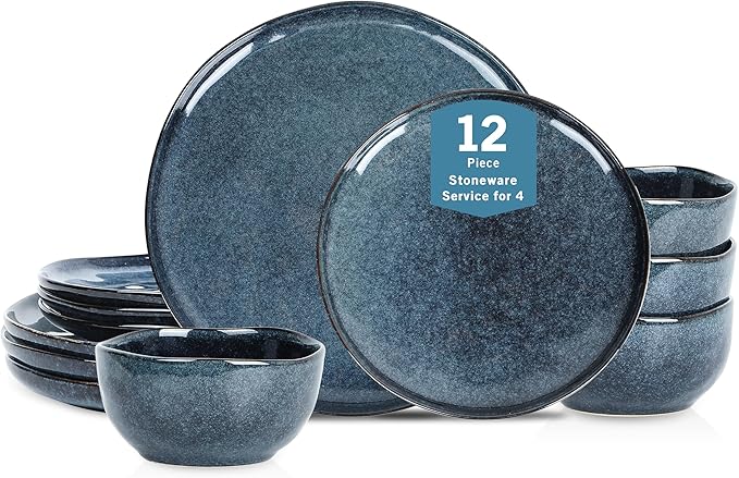 Stone + Lain Mirella 12-Piece Stoneware Dinnerware Set, Service for 4, Reactive Glaze, Deep Blue – Includes Dinner Plates, Salad Plates, and Bowls – Modern Artisanal Design