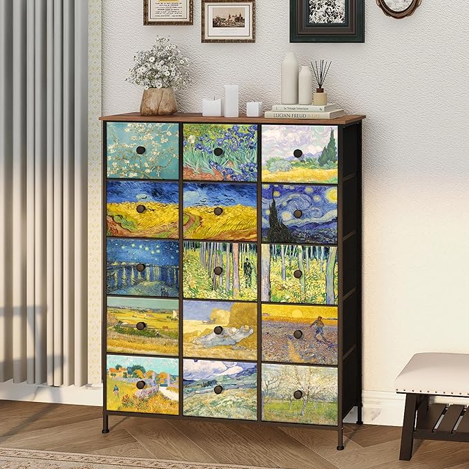 EXOTICA Large Chest of Drawers 15 Drawer Dresser Van Gogh Tall Fabric Dresser for Bedroom Living Room Entryway Closet with Sturdy Metal Frame and Wooden Top