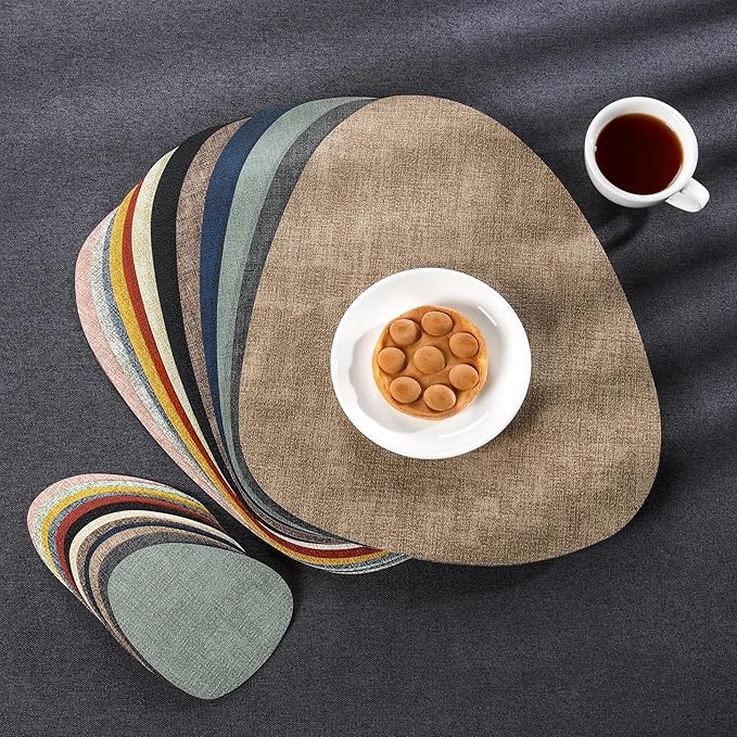 Placemats and Coasters, Washable Reversible Placemats Round Faux Leather Wipeable Place Mats Non Slip Heat Resistant Indoor Outdoor Table Mats (Set of 6, Gray Yellow)