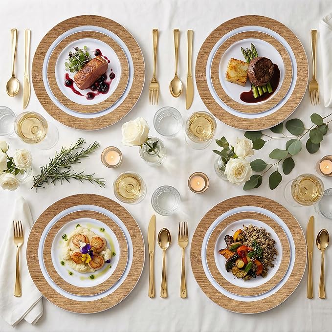 I00000 102 Pcs Wood Grain Brown Plastic Plates, Brown Party Plates Premium Plastic Disposable Plate Disposable Include 51 Dinner Platos 10" & 51 Dessert Platos 7", Elegant Wood Grain Design for Party
