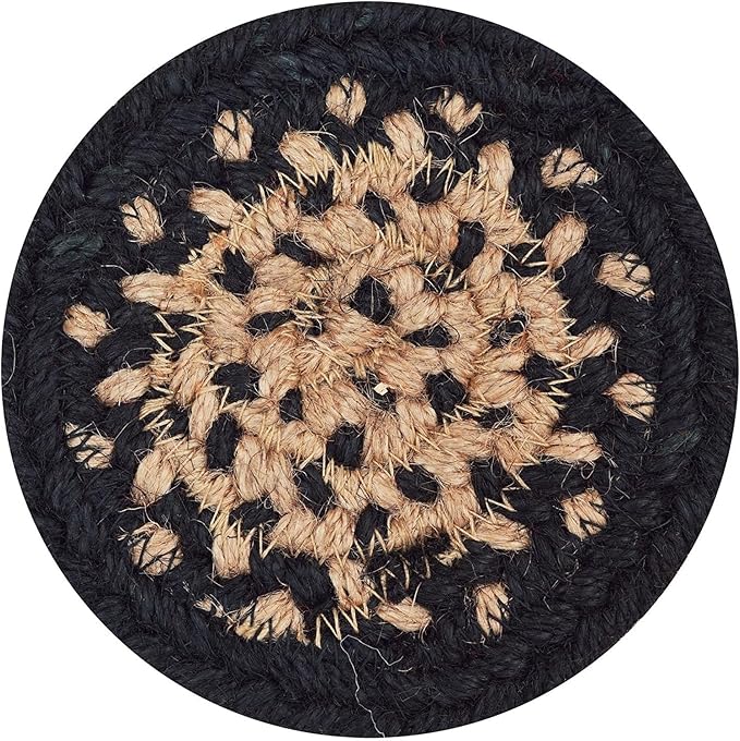 Homespice Manchester Jute Braided Rope Coasters 4", Country Primitive Decor, Set of 6, Black and Tan - Durable, Absorbs Moisture, Easy to Clean and Protects Furniture