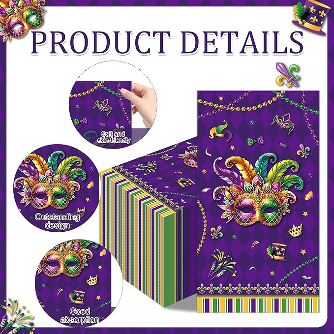 Mardi Party Gras Decorations - 100 Pcs Masquerade Paper Decorative Napkins Set Disposable Purple Crown Mask Dinner Cocktail Bulk Table Gifts Supplies Decor for Decoupage Carnival 7.9 x 4.3 In