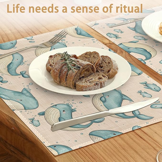 Placemats Set of 6,Cute Whale Table Mats,Sea Animal Washable Linen Table Mats,Non-Slip Heat Resistant Placemats for Party Kitchen Dining Indoor Outdoor 12"x18"