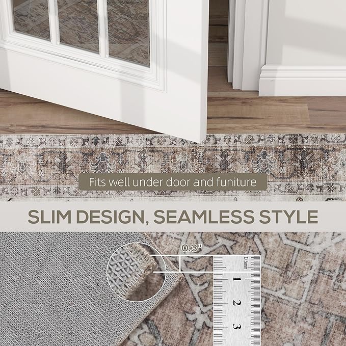 HOMCOM Washable Area Rug, 8'x10' Vintage Indoor Distressed Carpet, Retro Floor Cover Foldable, Floral Print Mat for Living Room, Bedroom, Dining Room, Tan