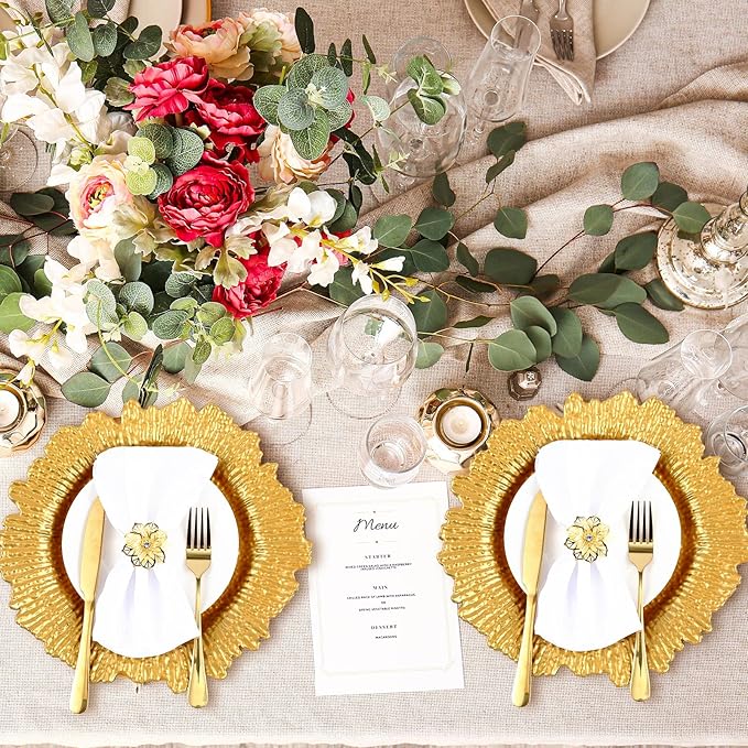 Dandat 24 Pcs Charger Plate Bulk 13'' Floral Reef Plates with Napkin Ring Plastic Dinner Charger Hollow Out Flower Napkin Holder Plastic Plate for Table Setting Wedding Party (Gold)