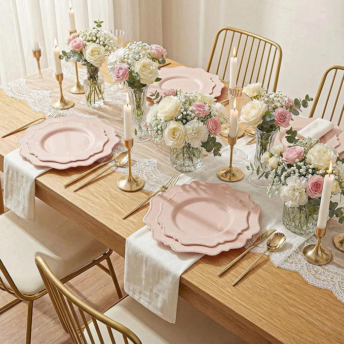 COLOSUS 60 Pack Pink Plastic Plates Set for 30 Guest,Pink Party Plates,Heavy Duty Pink Plates,include 30 Dinner plates& 30 Salad/Dessert plates for Party,Spring,Wedding,Birthday,Valentines,Easter Day