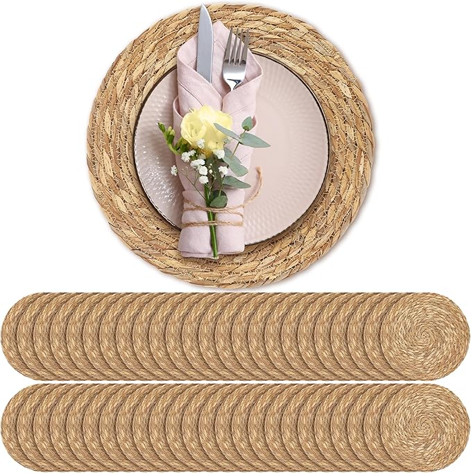 Aneco 48 Pack 13.8-Inch Round Woven Placemats Natural Hand-Woven Boho Rattan Wicker Bulrush Placemat Farmhouse Rustic Braided Table Mats for Dining & Kitchen Decor