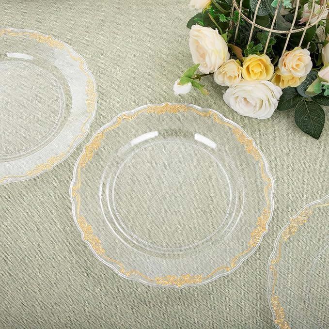 DaYammi 60PCS Clear Gold Plastic Plates Fancy Heavy Duty Clear Disposable Plates Premium 10.25inch Dinner Plates with Gold Rim Hard Plastic Plates Disposable for Party and Wedding