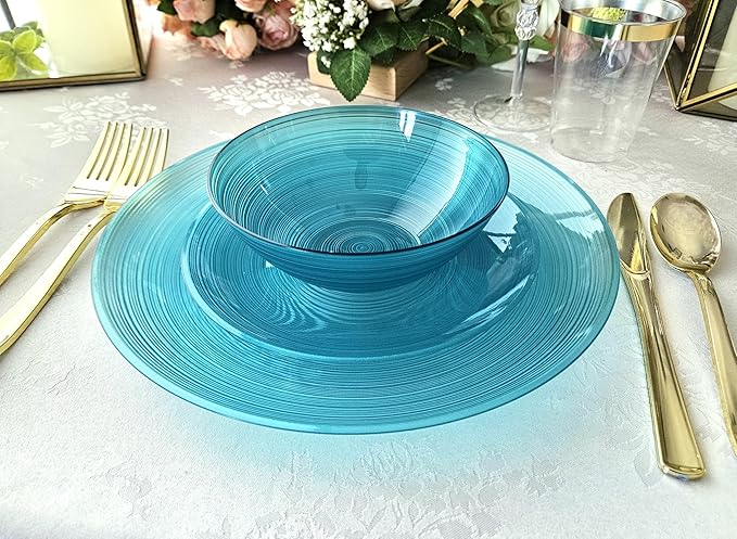 " OCCASIONS " 50 Plates Pack (25 Guests)-Wedding Party Disposable Plastic Plate Set -25 x 10'' Dinner + 25 x 7'' Salad & Dessert plates (Belize in Aqua)