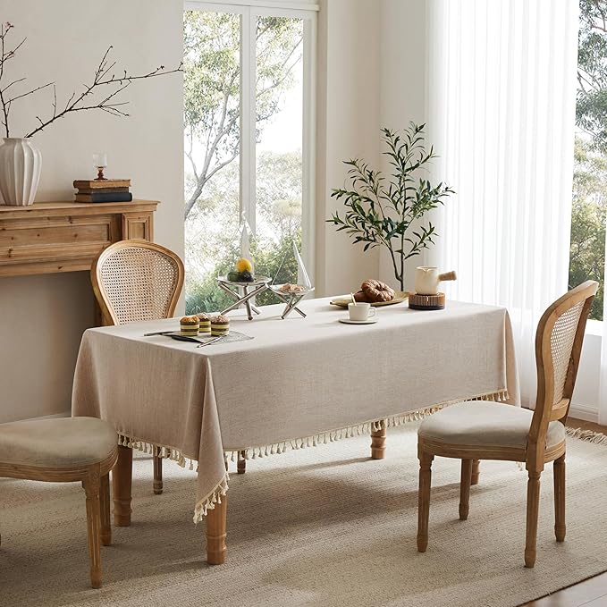 Linen Tablecloth with Tassels, Farmhouse Style Beige Tablecloth, Water Resistant Burlap Tablecloths for Square Table, 60x60 Inch Natural