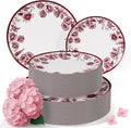 Trendables Disposable Plates For Party Supplies | Burgundy Floral Plastic Plates For Wedding 40 Pcs - 20 X 8 & 20 X 10 Dinner Plate Sets | Floral Plate Set Disposable Plastic Dinnerware Sets
